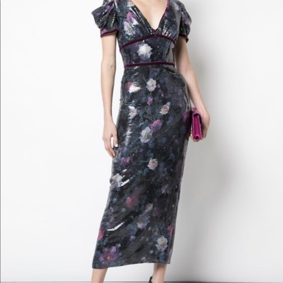 Marchesa Notte cap sleeve printed sequin dress size 6.